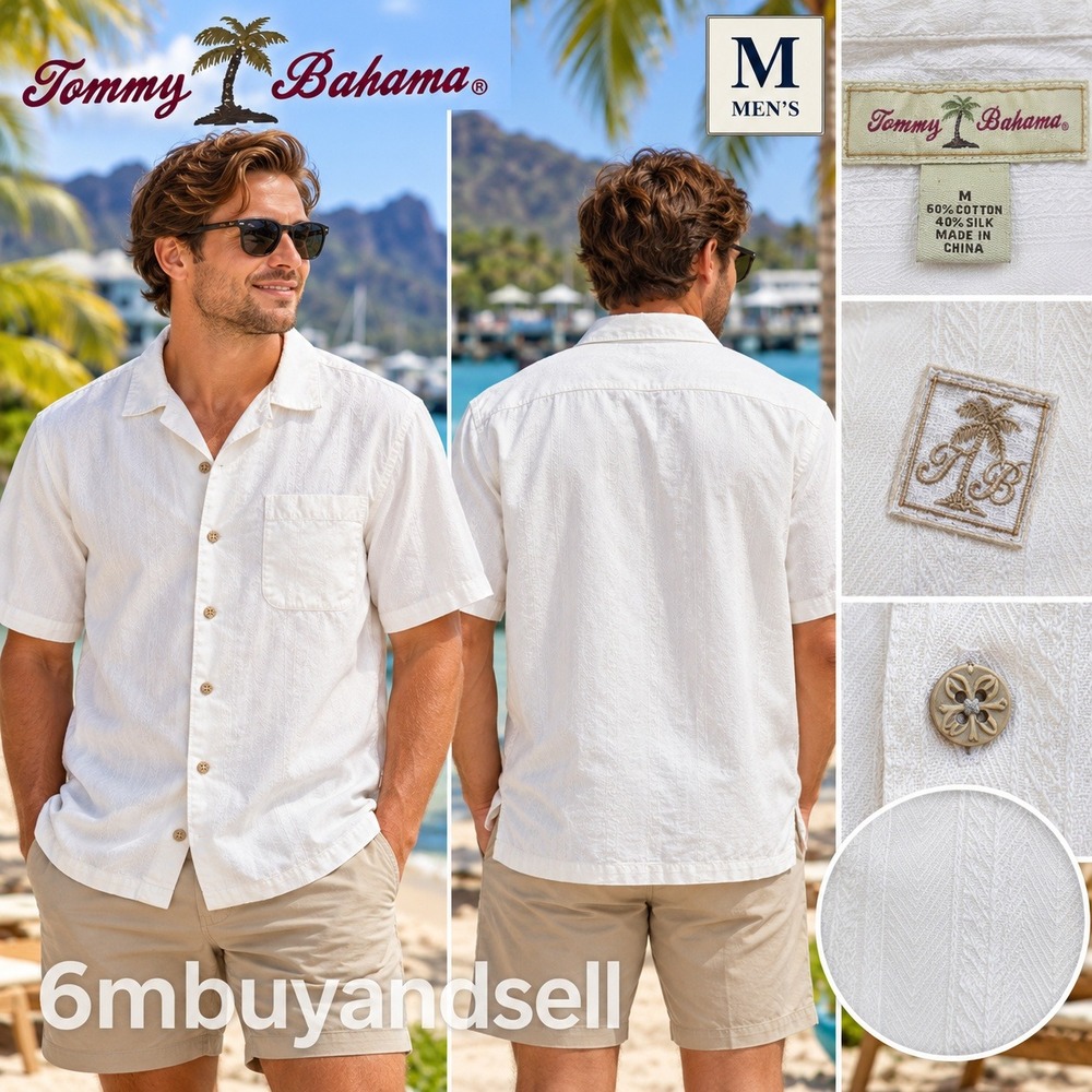 Tommy Bahama Mens White Cotton Silk Short Sleeve Button Up Camp Shirt Medium